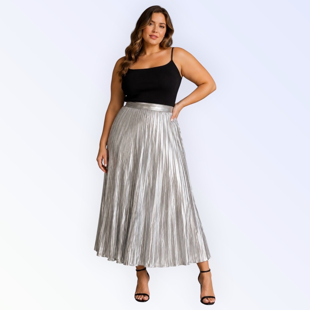 Anthropologie Metallic Silver Pleated‎ Midi Skirt US 12 Shiny A‑Line Flowy